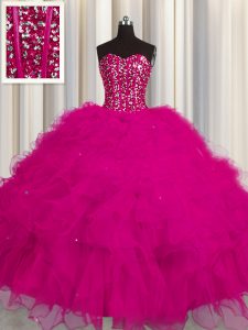 Visible Boning Fuchsia Sleeveless Tulle Lace Up Sweet 16 Dress for Military Ball and Sweet 16 and Quinceanera