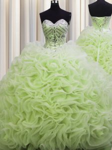 Rolling Flowers Brush Train Floor Length Lace Up Sweet 16 Quinceanera Dress Yellow Green for Military Ball and Sweet 16 and Quinceanera with Beading and Pick Ups