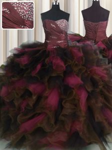 Custom Made Organza and Tulle Sweetheart Sleeveless Lace Up Beading and Ruffles and Ruffled Layers Sweet 16 Dresses in Wine Red