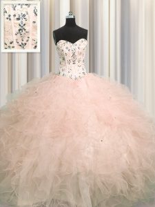 Trendy Visible Boning Tulle Sleeveless Floor Length 15th Birthday Dress and Beading and Appliques and Ruffles