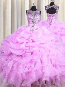 Modest See Through Lilac Lace Up Scoop Beading and Ruffles and Pick Ups 15 Quinceanera Dress Organza Sleeveless
