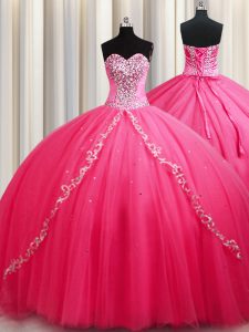 Fabulous Hot Pink Lace Up Vestidos de Quinceanera Beading Sleeveless Brush Train