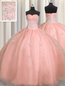 Hot Sale Puffy Skirt Watermelon Red Zipper 15th Birthday Dress Beading and Appliques Sleeveless Floor Length