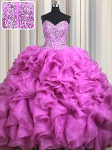 Flare Visible Boning Sleeveless Organza With Brush Train Lace Up Quinceanera Gown in Fuchsia with Beading and Ruffles