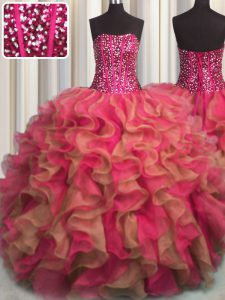 Dynamic Visible Boning Beaded Bodice Strapless Sleeveless Lace Up Ball Gown Prom Dress Multi-color Organza