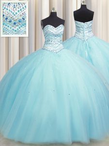 Amazing Bling-bling Big Puffy Aqua Blue Tulle Lace Up Sweetheart Sleeveless Floor Length Ball Gown Prom Dress Beading