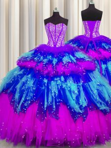 High Quality Bling-bling Visible Boning Multi-color Lace Up Sweetheart Beading and Ruffles and Ruffled Layers and Sequins Quinceanera Dress Tulle Sleeveless