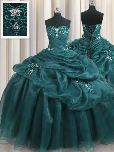 Ideal Organza Sweetheart Sleeveless Lace Up Beading and Appliques and Ruffles Vestidos de Quinceanera in Teal