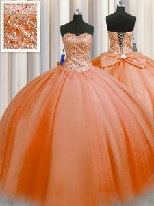 Charming Puffy Skirt Floor Length Orange Red Quinceanera Gowns Sweetheart Sleeveless Lace Up