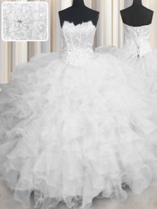 Edgy Scalloped Floor Length Lace Up Quinceanera Dress White for Military Ball and Sweet 16 and Quinceanera with Beading and Ruffles
