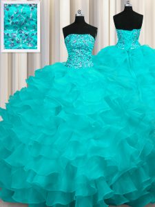 Sweep Train Ball Gowns Quinceanera Dress Aqua Blue Strapless Organza Sleeveless With Train Lace Up