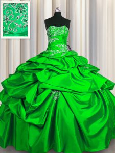 Deluxe Green Lace Up Strapless Appliques and Pick Ups Quinceanera Dresses Taffeta Sleeveless