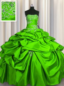Taffeta Lace Up Strapless Sleeveless Floor Length 15th Birthday Dress Beading and Pick Ups