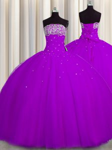 Designer Really Puffy Floor Length Lace Up Sweet 16 Quinceanera Dress Purple for Military Ball and Sweet 16 and Quinceanera with Beading and Sequins