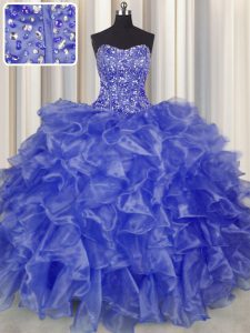 Sexy Visible Boning Blue Strapless Neckline Beading and Ruffles Sweet 16 Dress Sleeveless Lace Up