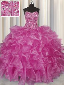 Visible Boning Floor Length Ball Gowns Sleeveless Fuchsia Sweet 16 Dress Lace Up