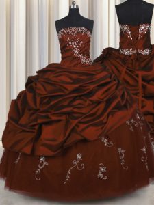 Pick Ups Embroidery Floor Length Ball Gowns Sleeveless Burgundy Quinceanera Gown Lace Up