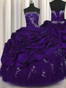 Classical Pick Ups Embroidery Floor Length Purple Quinceanera Dresses Strapless Sleeveless Lace Up