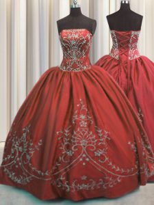 Pretty Floor Length Wine Red Quinceanera Gowns Taffeta Sleeveless Beading and Embroidery