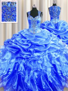 Zipper Up See Through Back Blue Straps Neckline Beading and Ruffles and Pick Ups Quinceanera Gown Sleeveless Zipper