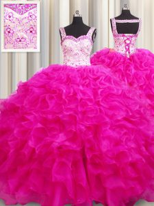 Dazzling Floor Length Ball Gowns Sleeveless Fuchsia 15 Quinceanera Dress Lace Up