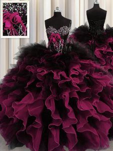 Sweetheart Sleeveless Sweet 16 Dresses Floor Length Beading and Ruffles Red And Black Organza and Tulle