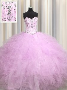 Dynamic Visible Boning Lilac Lace Up 15 Quinceanera Dress Beading and Appliques and Ruffles Sleeveless Floor Length
