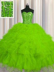 Shining Visible Boning Sweetheart Sleeveless Quince Ball Gowns Floor Length Beading and Ruffles and Sequins Tulle
