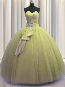 Shining Light Yellow Tulle Lace Up 15th Birthday Dress Sleeveless Floor Length Beading and Sequins and Bowknot