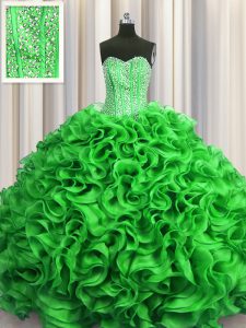 Modest Visible Boning Green Ball Gowns Organza Sweetheart Sleeveless Beading and Ruffles Floor Length Lace Up Quinceanera Dress