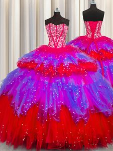Edgy Bling-bling Visible Boning Sleeveless Floor Length Beading and Ruffles and Ruffled Layers and Sequins Lace Up 15th Birthday Dress with Multi-color