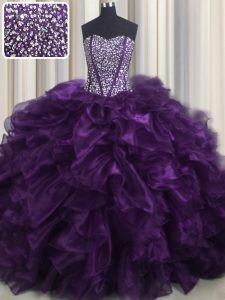 Sexy Bling-bling Purple Organza Lace Up Sweetheart Sleeveless With Train Vestidos de Quinceanera Brush Train Beading and Ruffles