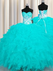 Sweetheart Sleeveless Organza 15th Birthday Dress Appliques and Ruffles Lace Up