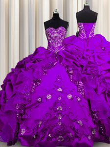 Embroidery Sequins Purple Sleeveless Taffeta Lace Up Sweet 16 Dress for Military Ball and Sweet 16 and Quinceanera