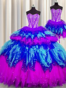 Cheap Three Piece Visible Boning Floor Length Multi-color Sweet 16 Quinceanera Dress Sweetheart Sleeveless Lace Up