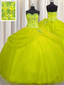 Ideal Really Puffy Yellow Green Sweetheart Neckline Beading Quinceanera Dresses Sleeveless Lace Up