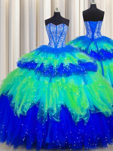Bling-bling Visible Boning Multi-color Sleeveless Tulle Lace Up Quince Ball Gowns for Military Ball and Sweet 16 and Quinceanera
