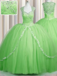 See Through Cap Sleeves Brush Train Zipper With Train Beading and Appliques Sweet 16 Dresses