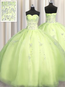 Luxury Big Puffy Yellow Green Sleeveless Floor Length Beading and Appliques Zipper 15 Quinceanera Dress
