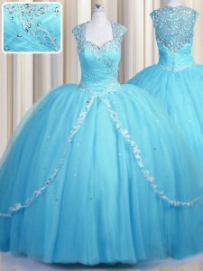 Edgy See Through Cap Sleeves With Train Zipper Vestidos de Quinceanera Baby Blue for Military Ball and Sweet 16 and Quinceanera with Beading and Appliques Brush Train