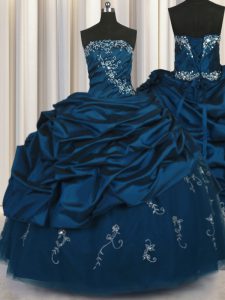 Clearance Taffeta Strapless Sleeveless Lace Up Beading and Appliques and Embroidery and Pick Ups 15 Quinceanera Dress in Teal