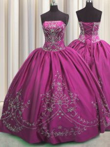 Glittering Fuchsia Sleeveless Floor Length Beading and Embroidery Lace Up Quince Ball Gowns