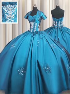 Enchanting Teal Short Sleeves Taffeta Lace Up Sweet 16 Dresses for Military Ball and Sweet 16 and Quinceanera