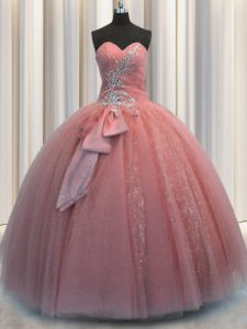 Classical Watermelon Red Sleeveless Floor Length Beading and Sequins and Bowknot Lace Up Quinceanera Gowns