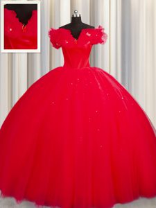 Custom Design Off The Shoulder With Train Ball Gowns Short Sleeves Red 15th Birthday Dress Court Train Lace Up