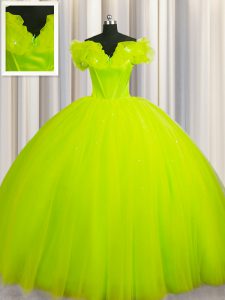 Off The Shoulder Yellow Green Ball Gowns Ruching Sweet 16 Quinceanera Dress Lace Up Tulle Short Sleeves With Train