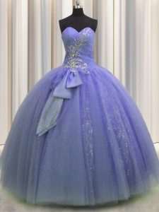 Fabulous Sleeveless Tulle Floor Length Lace Up Quinceanera Dresses in Lavender with Beading and Sequins and Bowknot