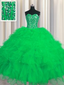 Visible Boning Green Sleeveless Beading and Ruffles and Sequins Floor Length Quinceanera Gown