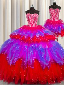 Three Piece Visible Boning Multi-color Ball Gowns Tulle Sweetheart Sleeveless Beading Floor Length Lace Up Quinceanera Dress