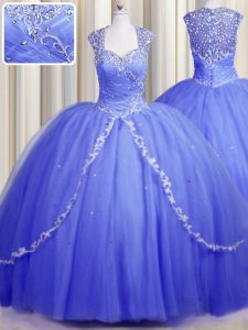 Dazzling Zipper Up Blue Ball Gowns Tulle Sweetheart Cap Sleeves Beading and Appliques With Train Zipper Quinceanera Gowns Brush Train